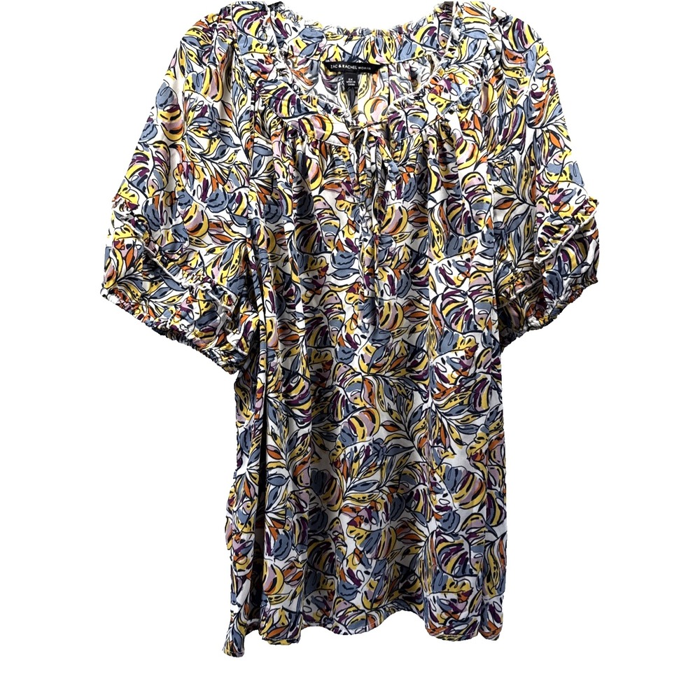 Zac & Rachel Women's Top Size 2X Plus Colorful Artsy Puff Ruffle‎ Sleeves Tie